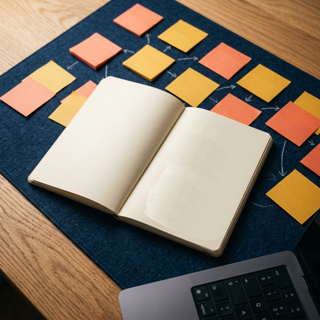 Carnet ouvert entouré de notes autocollantes organisées en carte mentale, symbolisant la diversité des situations professionnelles traitées