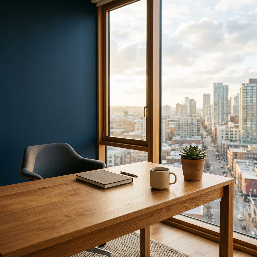 Bureau en bois près d'une fenêtre donnant sur une ville en journée, symbolisant un accompagnement à distance où que l'on soit