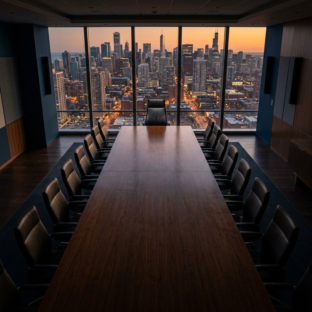 Salle de conseil vide, un fauteuil de direction en bout de table face à la ville, symbolisant la solitude du rôle de dirigeant