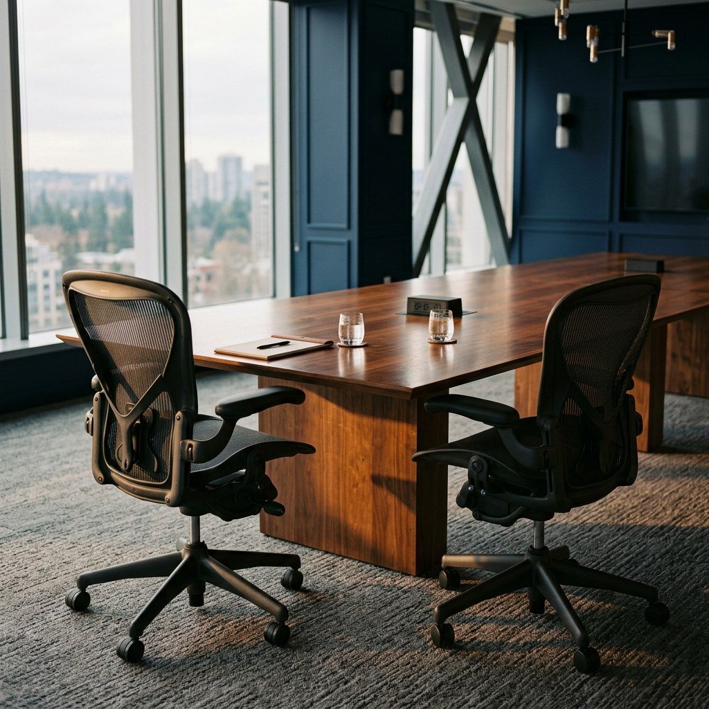 Deux chaises de bureau vides face à face autour d'une table, symbolisant une conversation à tenir