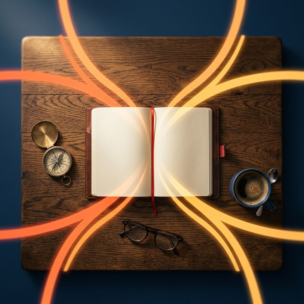Bureau en bois avec un carnet ouvert, une boussole et des lunettes, symbolisant la clarté apportée à une situation professionnelle