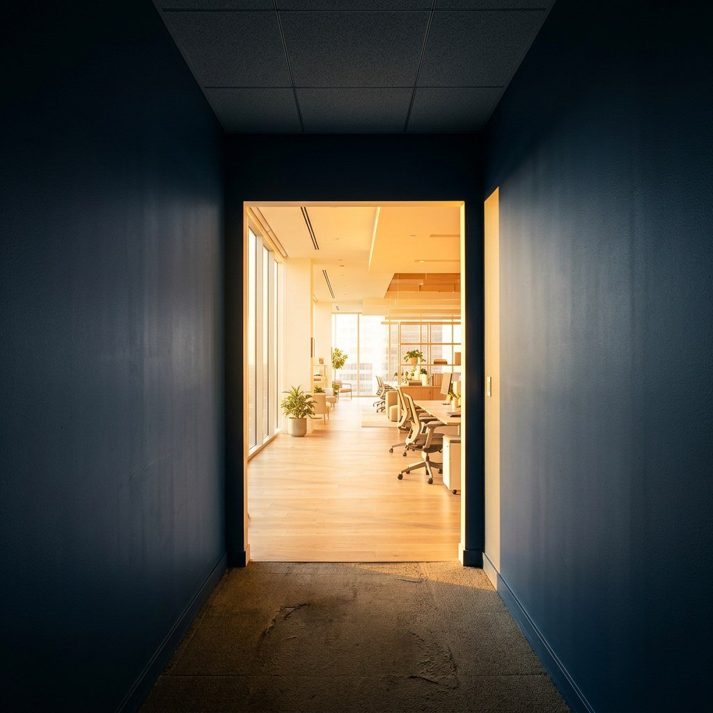 Couloir sombre s'ouvrant sur un bureau lumineux, symbolisant une transition professionnelle